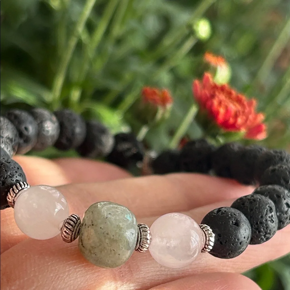 Handmade Labradorite + Rose Quartz Lava Bead Bracelet *
